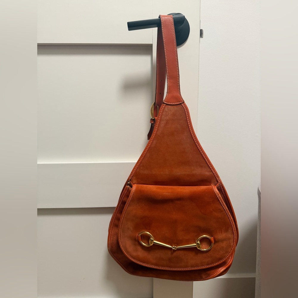 Gucci cognac suede horse bit sling bag